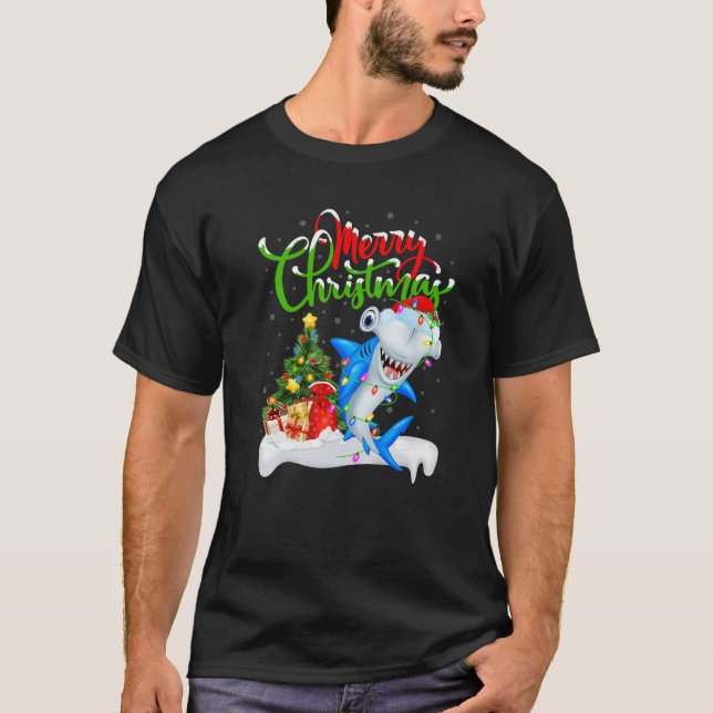 Funny Shark Lover Xmas Lighting Hammerhead Shark C T-Shirt (Front)