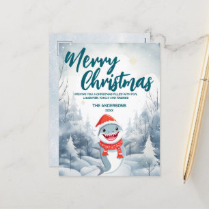 Funny Shark Merry Xmas tree snow Holiday party Postcard