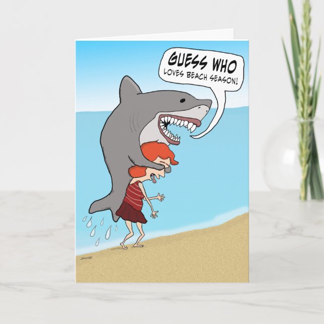 Funny Shark on Beach Birthday Card (Front)