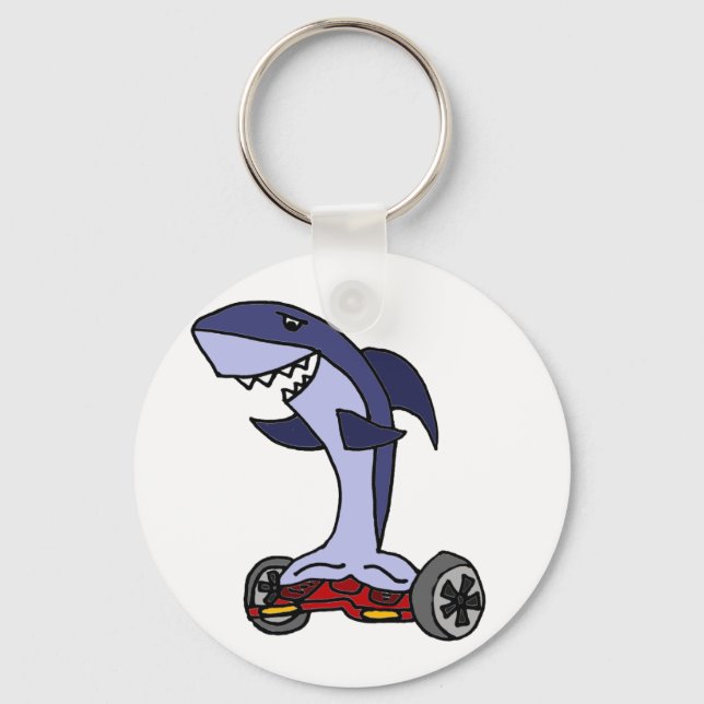 Funny Shark on Red Hoverboard Key Ring (Front)