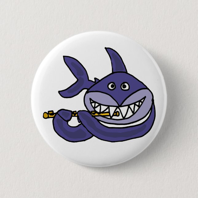 Funny Shark Playing Flute Cartoon 6 Cm Round Badge (Front)