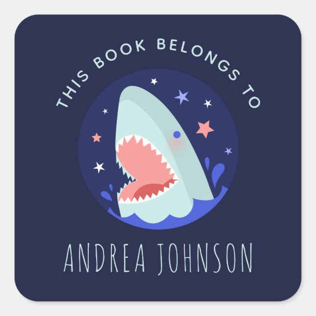 Funny Shark & Stars Navy Blue Nautical Bookplate Square Sticker (Front)