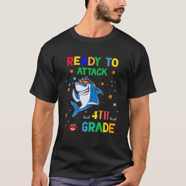 Funny Shark Student Ready To Attack 4Th Grade Back T-Shirt (Front)