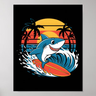 Funny Shark Surfing Beach Surfing Poster