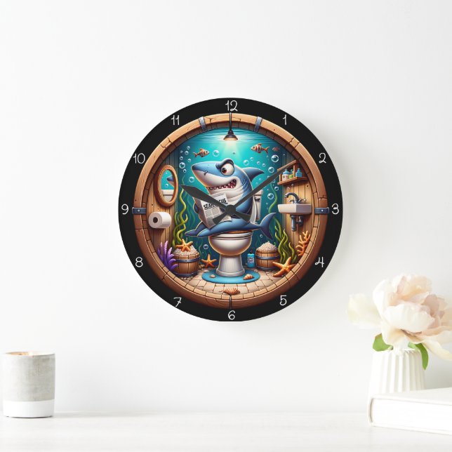 Funny Shark Toilet Large Clock (Home)