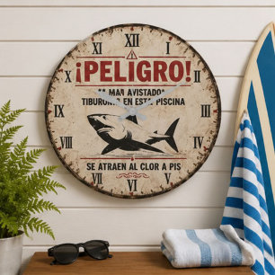 Funny Shark Warning Spanish Large Clock