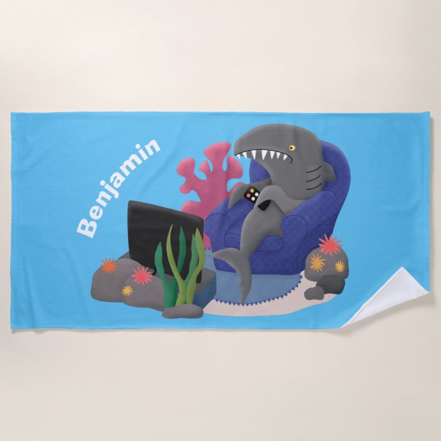 Funny shark watching TV cartoon Beach Towel (Front)
