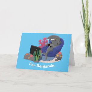Funny shark watching TV cartoon Card