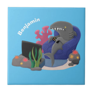 Funny shark watching TV cartoon Ceramic Tile