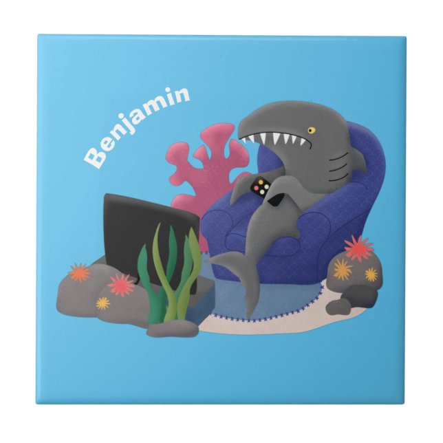 Funny shark watching TV cartoon Ceramic Tile (Front)