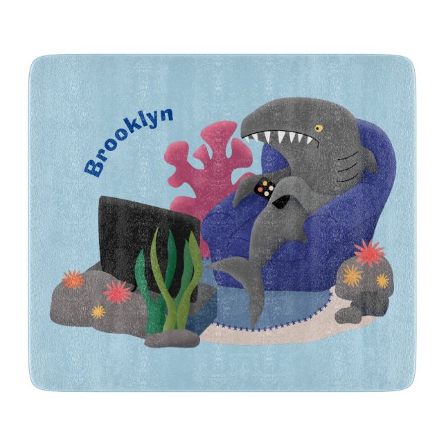 Funny shark watching TV cartoon Cutting Board (Front)