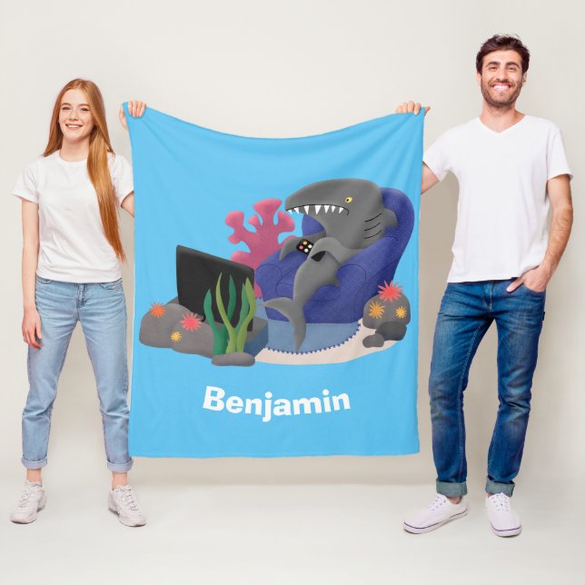 Funny shark watching TV cartoon Fleece Blanket (In Situ)