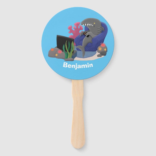 Funny shark watching TV cartoon Hand Fan (Front)