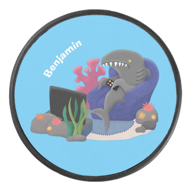 Funny shark watching TV cartoon Hockey Puck (Front)