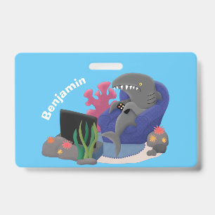 Funny shark watching TV cartoon ID Badge