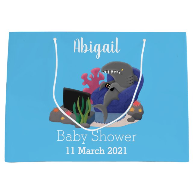 Funny shark watching TV cartoon Large Gift Bag (Front)