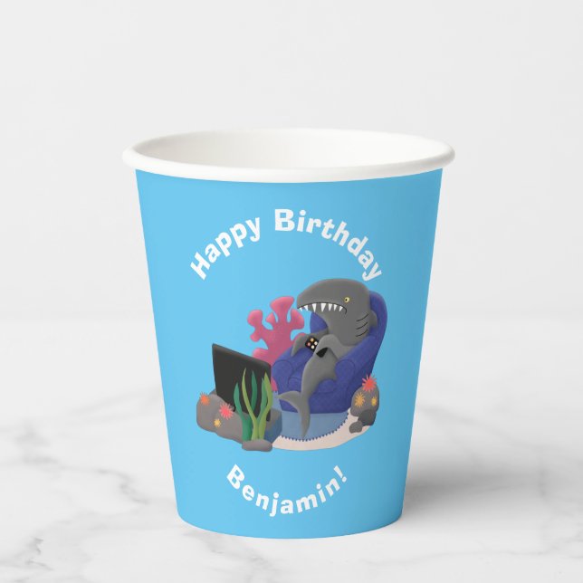 Funny shark watching TV cartoon Paper Cups (Front)