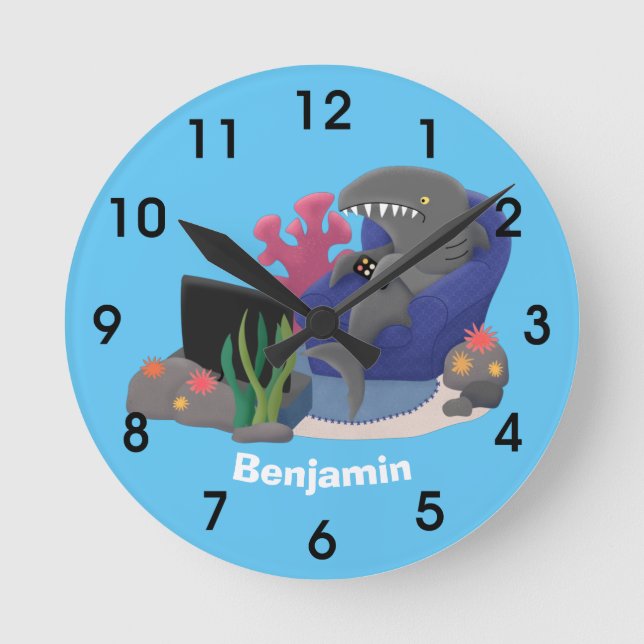 Funny shark watching TV cartoon Round Clock (Front)
