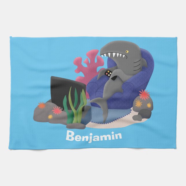 Funny shark watching TV cartoon Tea Towel (Horizontal)