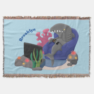 Funny shark watching TV cartoon Throw Blanket