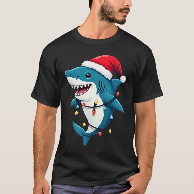 Funny Shark Wearing Santa Christmas Hat  T-Shirt (Front)