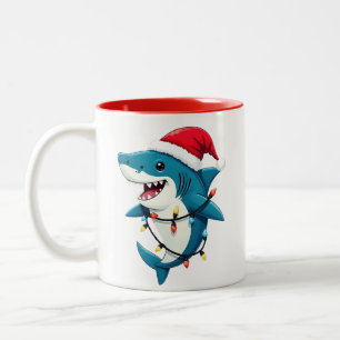 Funny Shark Wearing Santa Christmas Hat  Two-Tone Coffee Mug