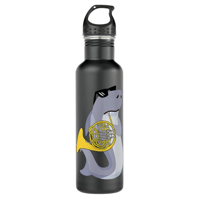 Funny Shark Wearing Sunglasses Playing French Horn 710 Ml Water Bottle (Front)