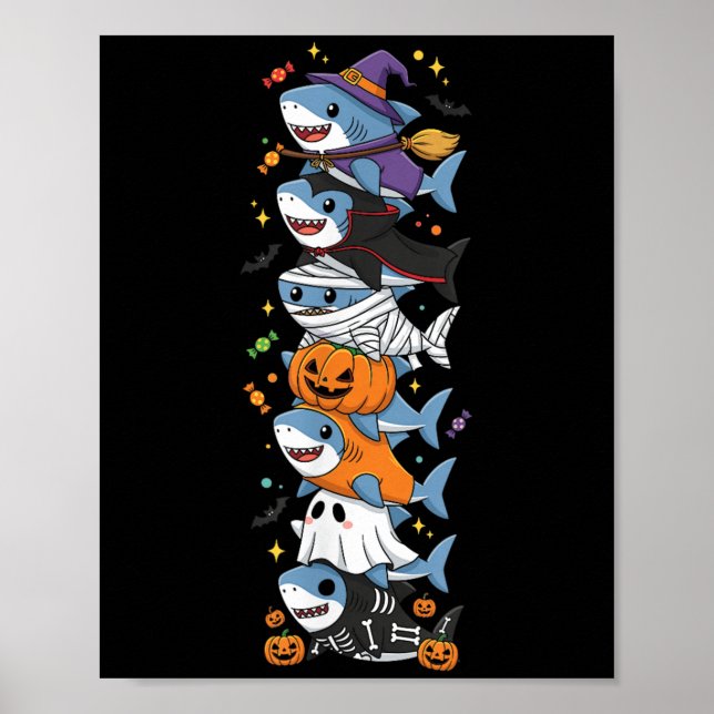 Funny Shark Witch Vampire Ghost Halloween Kids Men Poster (Front)