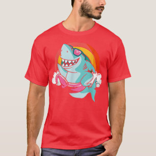 Funny Shark with Flamingo Floating Hoop Rainbow Cl T-Shirt