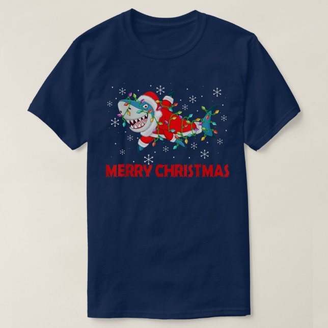 Funny Shark Xmas Lights Sanat Shark Merry Christma T-Shirt (Design Front)