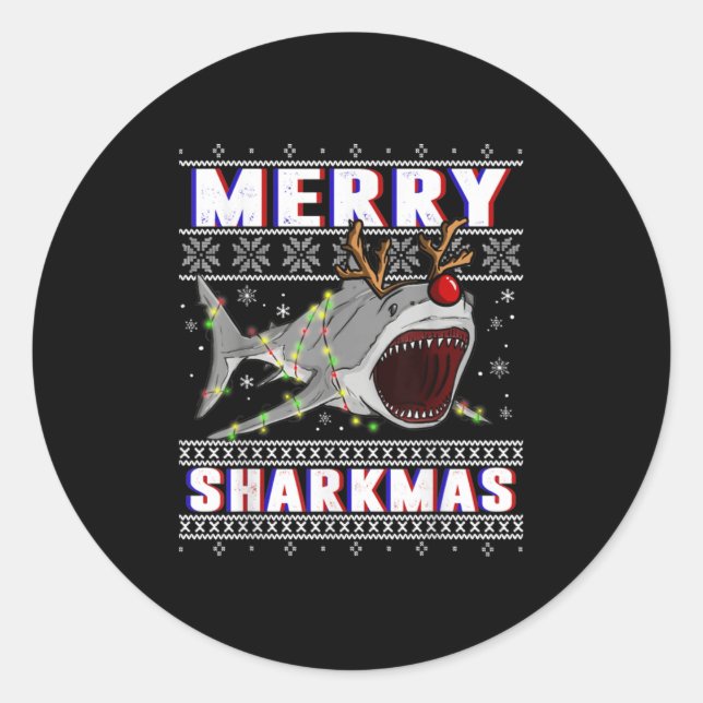 Funny Sharkmas Shark Ugly Christmas Sweaters  Classic Round Sticker (Front)