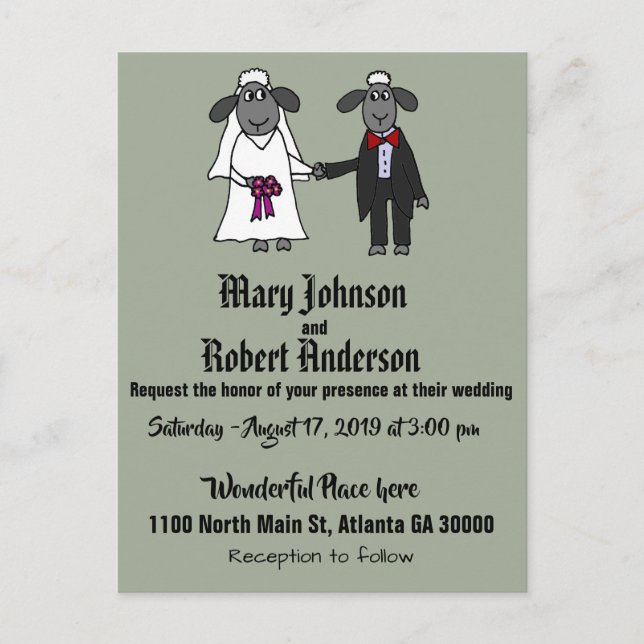 Funny Sheep Bride and Groom Wedding Invitation Postcard (Front)