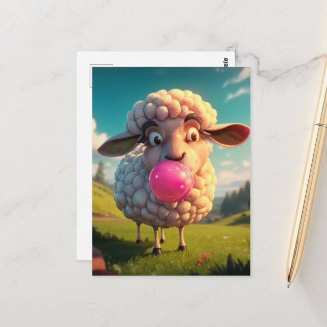 Funny Sheep Chewing Pink Bubble Gum Postcard (Front/Back In Situ)
