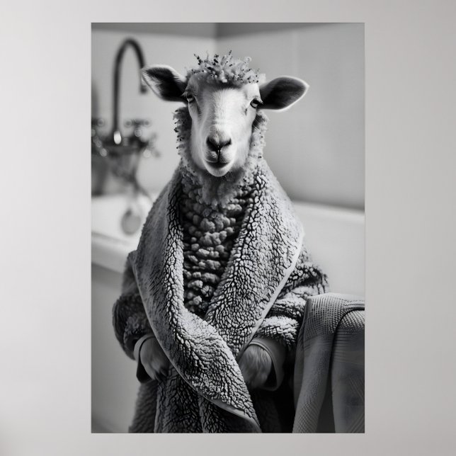 Funny Sheep in Bathrobe Art, Quirky Bathroom Print (Front)