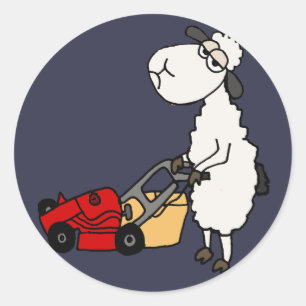 Funny Sheep Mowing Grass Cartoon Classic Round Sticker