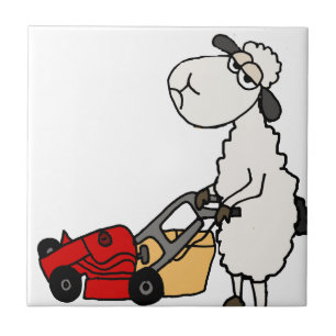 Funny Sheep Mowing Grass Cartoon Tile