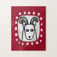 Funny Sheep Ram On Red Jigsaw Puzzle