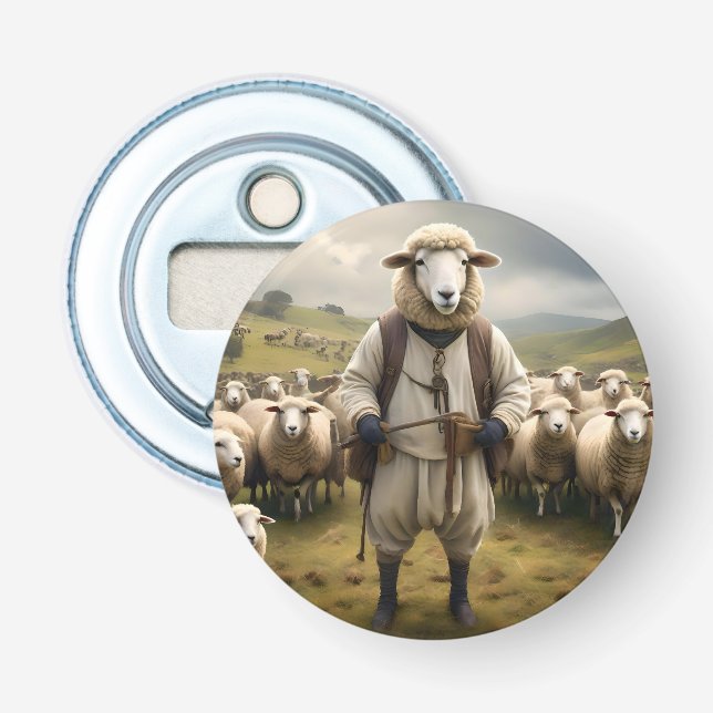 Funny Sheep Shepard With His Flock Of Sheep, Bottle Opener (Front)