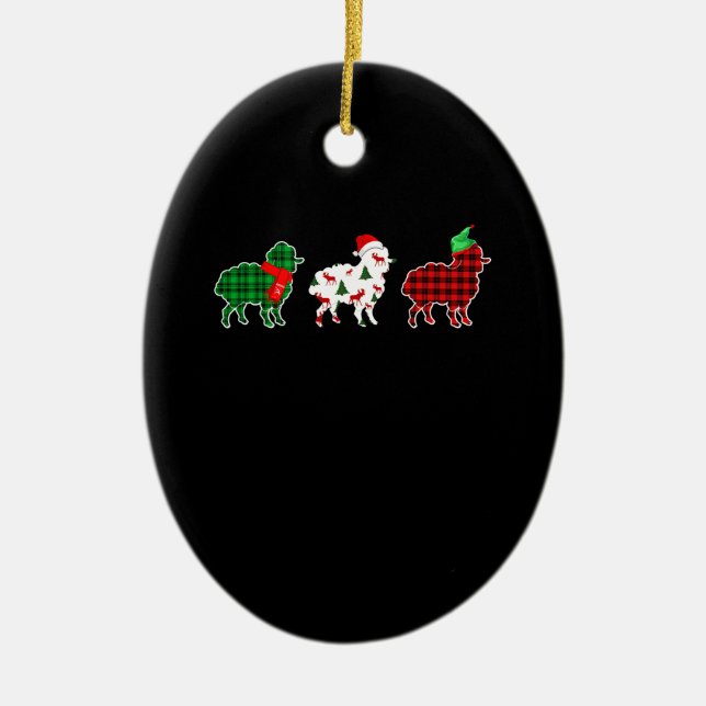 Funny Sheep Xmas Tree Lights | Red Plaid Gift Ceramic Ornament (Front)