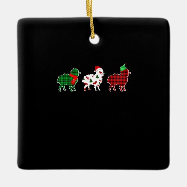 Funny Sheep Xmas Tree Lights | Red Plaid Gift Ceramic Ornament (Front)