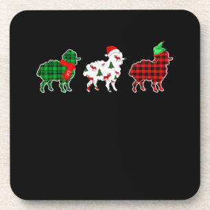 Funny Sheep Xmas Tree Lights Red Plaid Gift Coaster