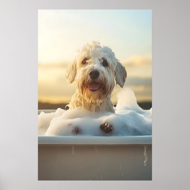 Funny Sheepdog Bubble Bath Art, Quirky Dog Print (Front)