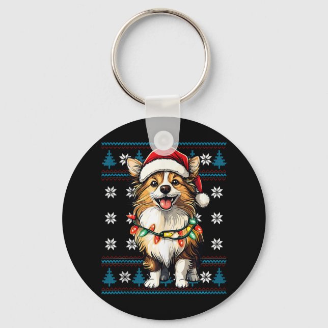 Funny Sheltie Santa Xmas Tree Lights Sheltie Ugly  Key Ring (Front)