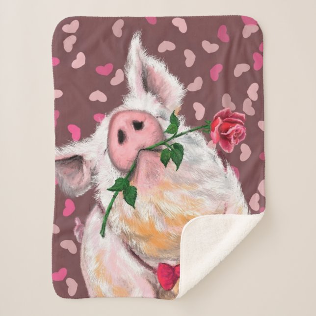 Funny Sherpa Blanket Gentleman Pig with Rose (Front)