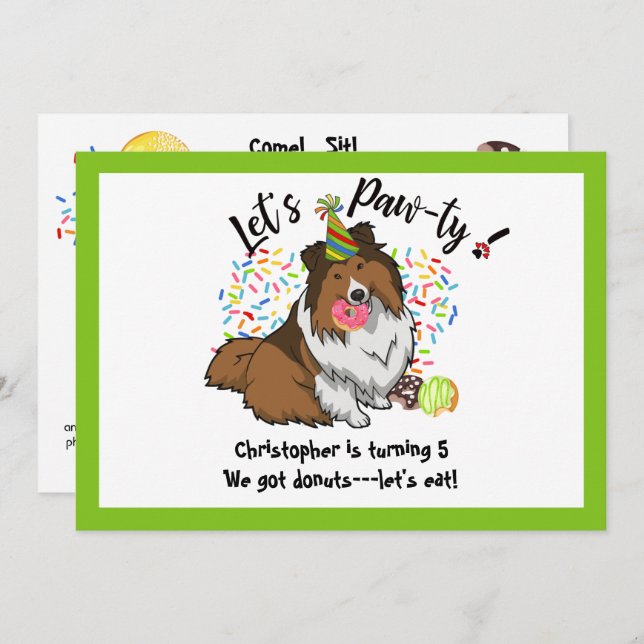 Funny Shetland Sheepdog Dog Doughnuts Birthday Par Invitation (Front/Back)