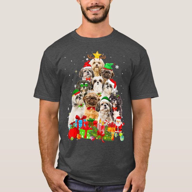 Funny Shih Tzu Christmas Tree Lights Puppy Dog T-Shirt (Front)