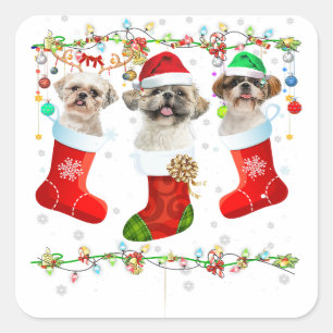 Funny Shih Tzu Dog Christmas Lights Puppy Gifts Square Sticker