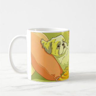 Funny Shih Tzu Dog Relaxing on Sofa with Snacks  Coffee Mug