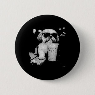 Funny Shih Tzu Drinking Iced Coffee Dog Lovers 6 Cm Round Badge