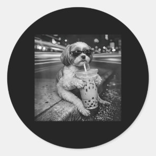 Funny Shih Tzu Drinking Iced Coffee Dog Lovers Classic Round Sticker